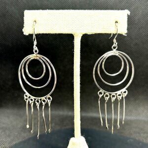 VTG Sterling Silver Triple Circle Dangle Earrings Tassels French Wire Hooks 3"